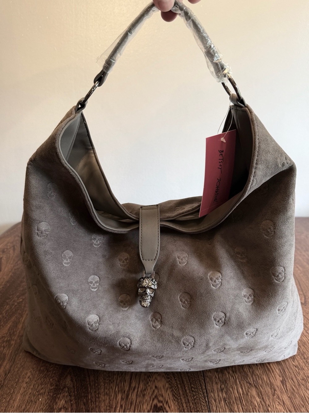Betsey Johnson Gun Metal Faux Suede Skull-Embellished Large Bag